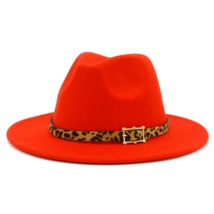 Red felt fedora hat with leopard print belt and gold buckle for parties and fashion