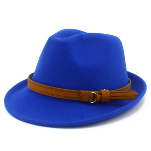 Royal blue wool fedora hat with dark brown suede band and golden metal buckle for winter