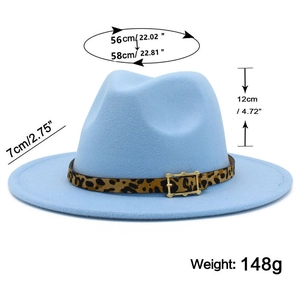 Detail view of light blue fedora hat with leopard band and precise size dimensions
