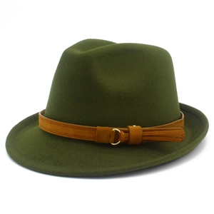 Detail of dark green wool fedora hat with brown faux suede belt and gold metal buckle