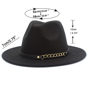 Detailed dimension guide for black wool fedora with gold chain and leather band
