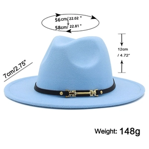 Detail view of light blue wool fedora hat with dimensions and black leather belt buckle