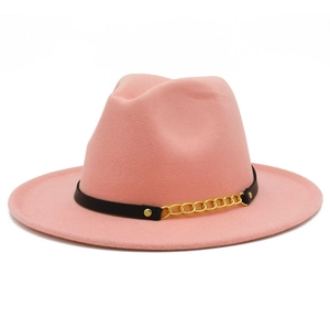 Pink wool fedora hat for women with black leather band and gold chain accent detail