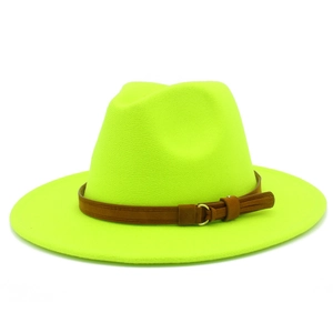 Detail of neon yellow wool fedora hat featuring a brown leather belt with gold buckle