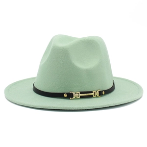 Mint green wide brim wool fedora hat with black leather band and gold metal buckle