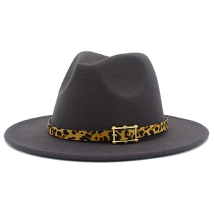 Vintage Unisex Cotton Blend Fedora Hat With Leopard Print Belt Gold Buckle Wide Brim Jazz Cap Autumn Winter Warm Party Hat