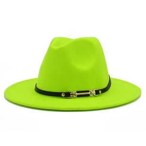 Detail of neon green wool felt fedora with black leather band and gold metal buckle