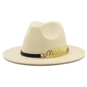 Close-up of beige fedora hat with black leather band and golden wheat-shaped metal buckle