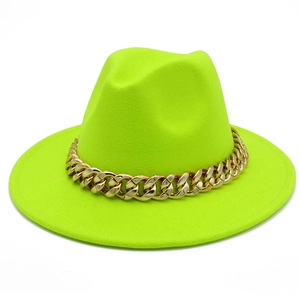 Detail of neon green felt jazz hat featuring a stylish chunky gold chain band