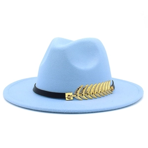Classic light blue wide brim fedora hat with black leather band and gold leaf buckle
