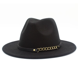 Classic black wool fedora hat with elegant leather band and gold metal chain decoration