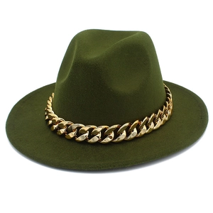 Detail view of army green wool fedora hat with decorative bold gold metal chain strap