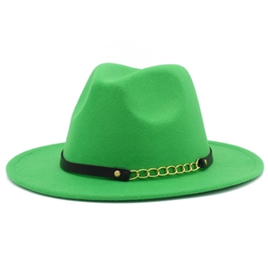 Classic green wool fedora hat featuring a black leather band with gold chain detail