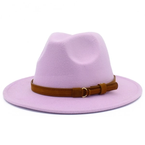 Classic lavender wide brim wool fedora hat with brown leather belt and gold metal buckle