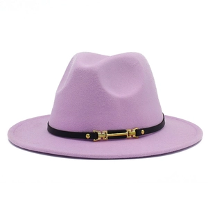 Lavender purple wool fedora hat with black leather belt and gold metal buckle detail