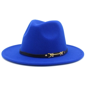 Royal blue wool fedora hat with a flat brim and a black leather band featuring a gold buckle