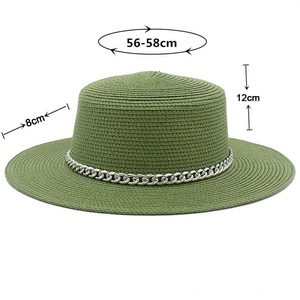Green boater straw hat featuring a silver chain and detailed size measurements