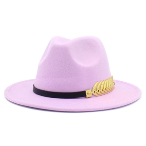 Detailed side view of lavender wool felt fedora with gold leaf accent on black band
