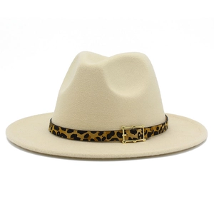 Detail view of beige wool felt fedora featuring a leopard print belt and golden buckle