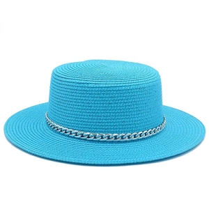 Detail of bright cyan boater straw hat with dense weave texture and silver metal chain
