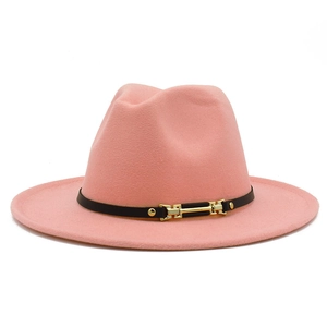 Pink wool fedora hat with flat brim featuring a black leather band and gold buckle