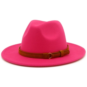 Detail of rose red fedora hat featuring a brown leather belt and gold metal buckle