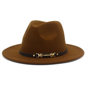 Detailed close-up of dark brown wool fedora hat with black leather belt and gold buckle
