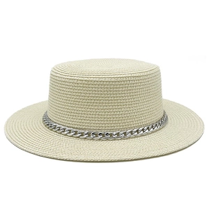 Beige boater straw hat with silver metal chain band for summer beach vacation look