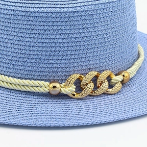 Light blue summer straw fedora hat featuring a stylish gold chain buckle and twisted rope