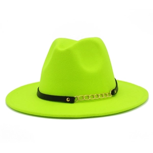 Detail of neon green fedora with black leather band and gold metal chain accent
