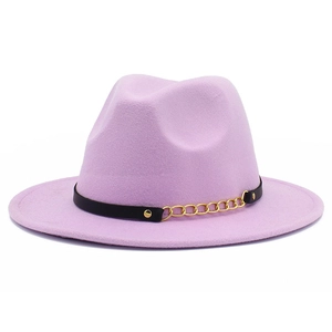 Detail of lavender wool fedora hat featuring black leather band and gold chain accent