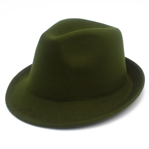 Detailed view of dark olive wool fedora hat with clean stitched brim and felt texture