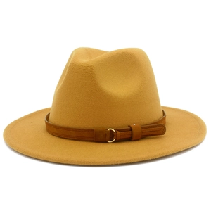 Classic vintage wool fedora hat with wide brim and decorative brown leather belt