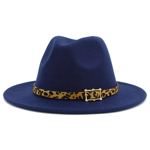 Deep blue wool felt fedora hat featuring a stylish leopard print belt and gold buckle
