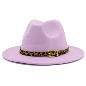 Detailed close-up of lavender felt jazz hat with leopard print belt and metal buckle