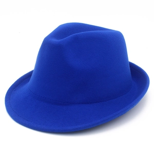 Close-up of royal blue wool fedora hat showing refined felt texture and brim stitching