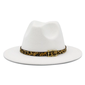 Detail of white felt fedora hat featuring leopard print band and golden buckle