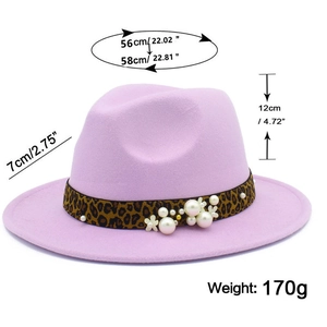 Lavender wool jazz fedora featuring leopard band with pearls and floral details