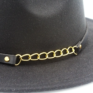 British style wool fedora with black leather band and chunky gold metal chain detail