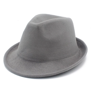 Detailed view of grey wool felt fedora showing brim stitching and textured fabric finish