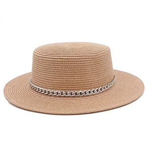 Close-up of natural woven straw hat featuring a stylish silver chunky metal chain detail