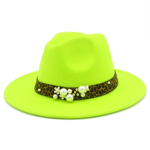 Detail of neon green wide brim fedora with leopard print band and pearl floral accents
