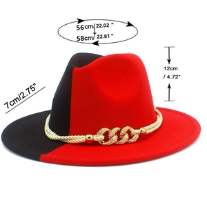 Guide des tailles détaillé pour chapeau fedora bicolore avec chaîne dorée et dimensions