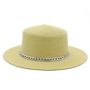 Detailed texture of beige straw boater hat featuring a stylish silver metal chain band