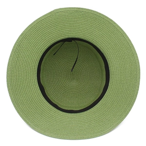 Green straw sun hat for women with wide brim and interior drawstring for beach travel