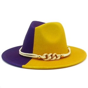 Chapeau fedora en laine bicolore violet et jaune avec chaîne dorée et ruban en corde