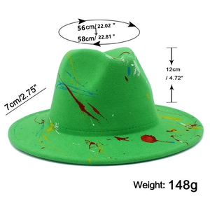 Detailed size chart for green wool fedora with colorful paint splatter design