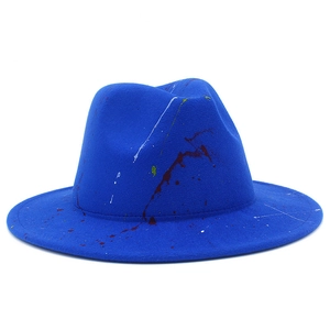 Klein blue wool fedora hat with artistic paint splatter graffiti and classic narrow brim