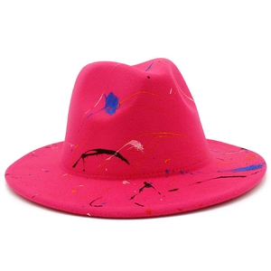 Hot pink fedora hat with colorful paint splatter design in artistic jazz party style