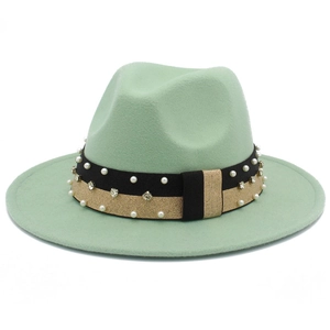 Cappello fedora verde menta in lana con elegante nastro di perle e strass per uomo e donna